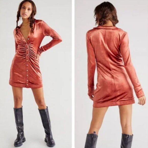 Free People Shayla Burnt Orange Velvet Mini Dress Terracotta Size L - Picture 1 of 5